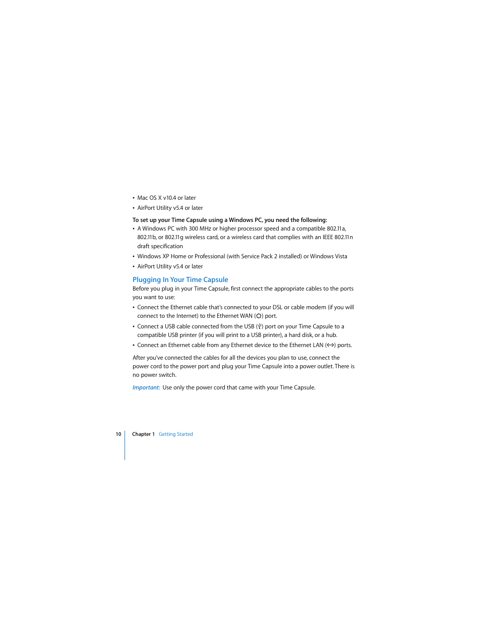 Plugging in your time capsule | Apple AirPort Time Capsule  802.11n (1st Generation) User Manual | Page 10 / 40