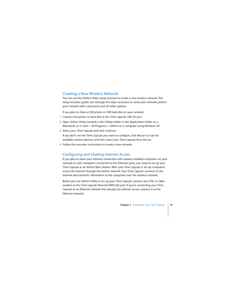Creating a new wireless network, Configuring and sharing internet access | Apple AirPort Time Capsule  802.11n (1st Generation) User Manual | Page 19 / 40