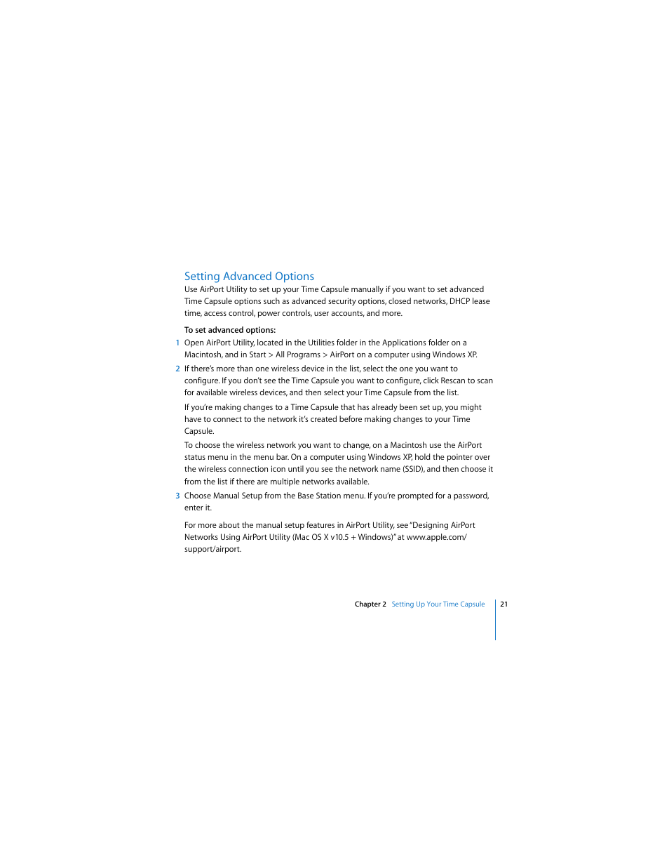 Setting advanced options | Apple AirPort Time Capsule  802.11n (1st Generation) User Manual | Page 21 / 40