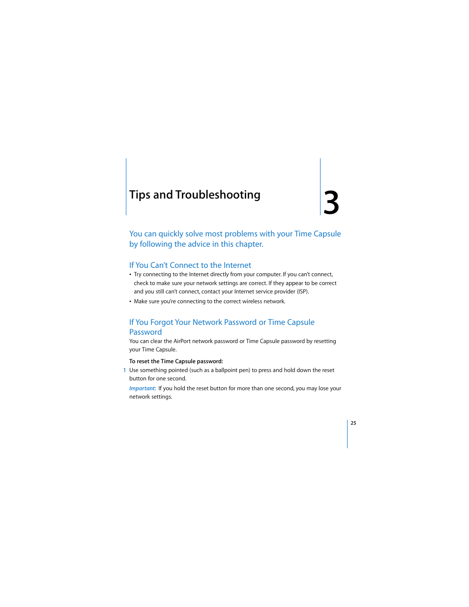 Tips and troubleshooting, If you can’t connect to the internet | Apple AirPort Time Capsule  802.11n (1st Generation) User Manual | Page 25 / 40