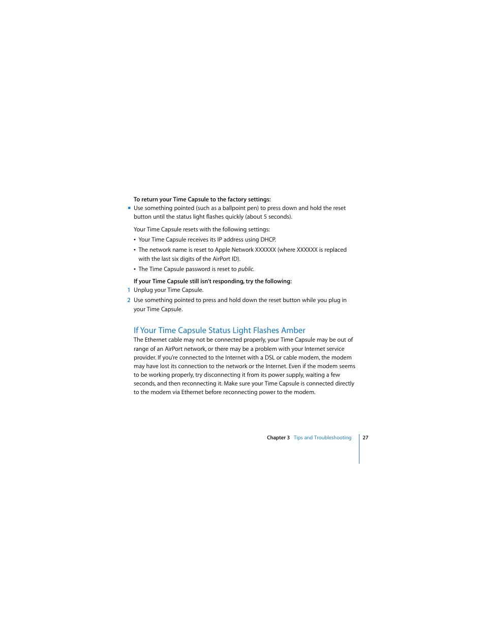 If your time capsule status light flashes amber | Apple AirPort Time Capsule  802.11n (1st Generation) User Manual | Page 27 / 40