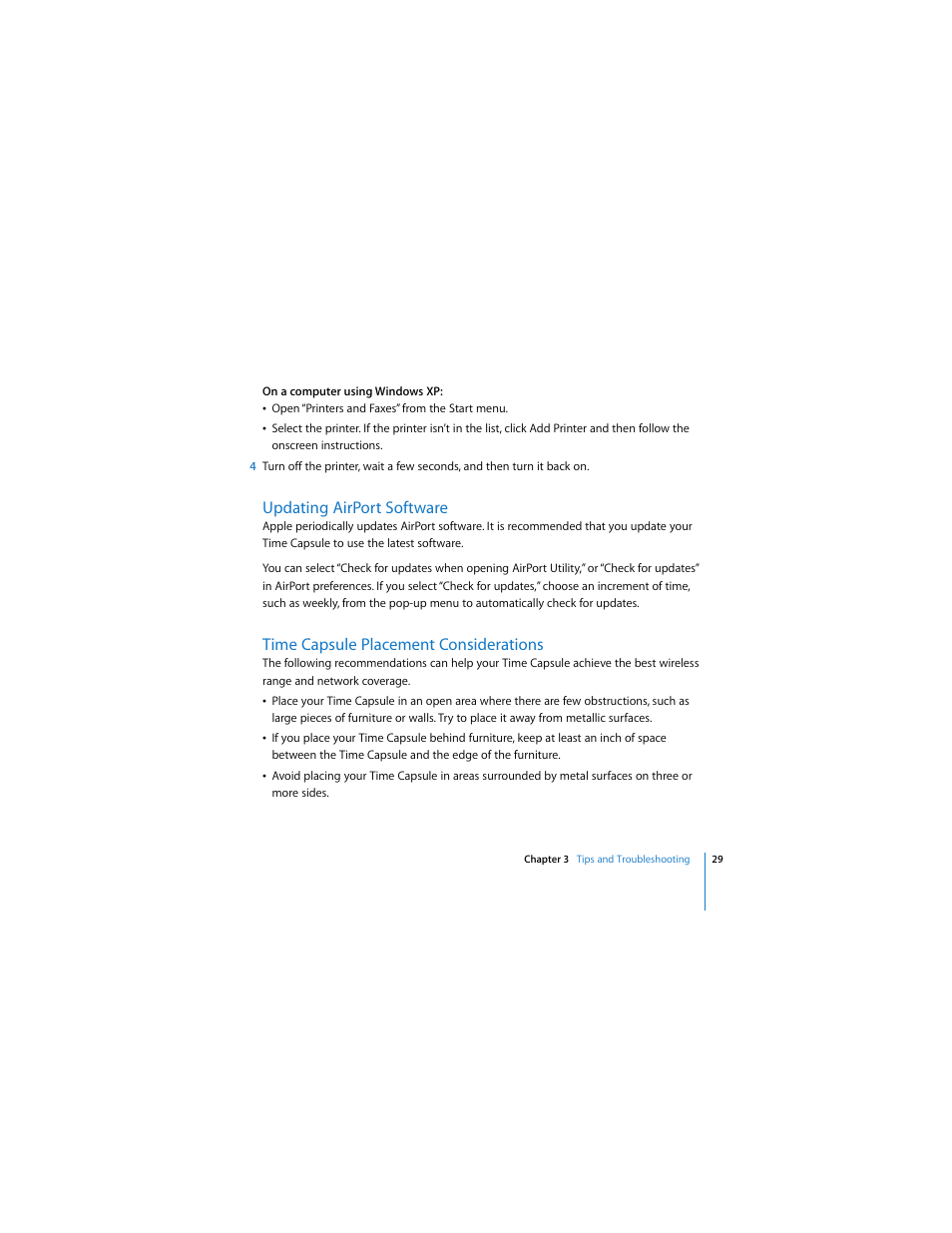 Updating airport software, Time capsule placement considerations | Apple AirPort Time Capsule  802.11n (1st Generation) User Manual | Page 29 / 40
