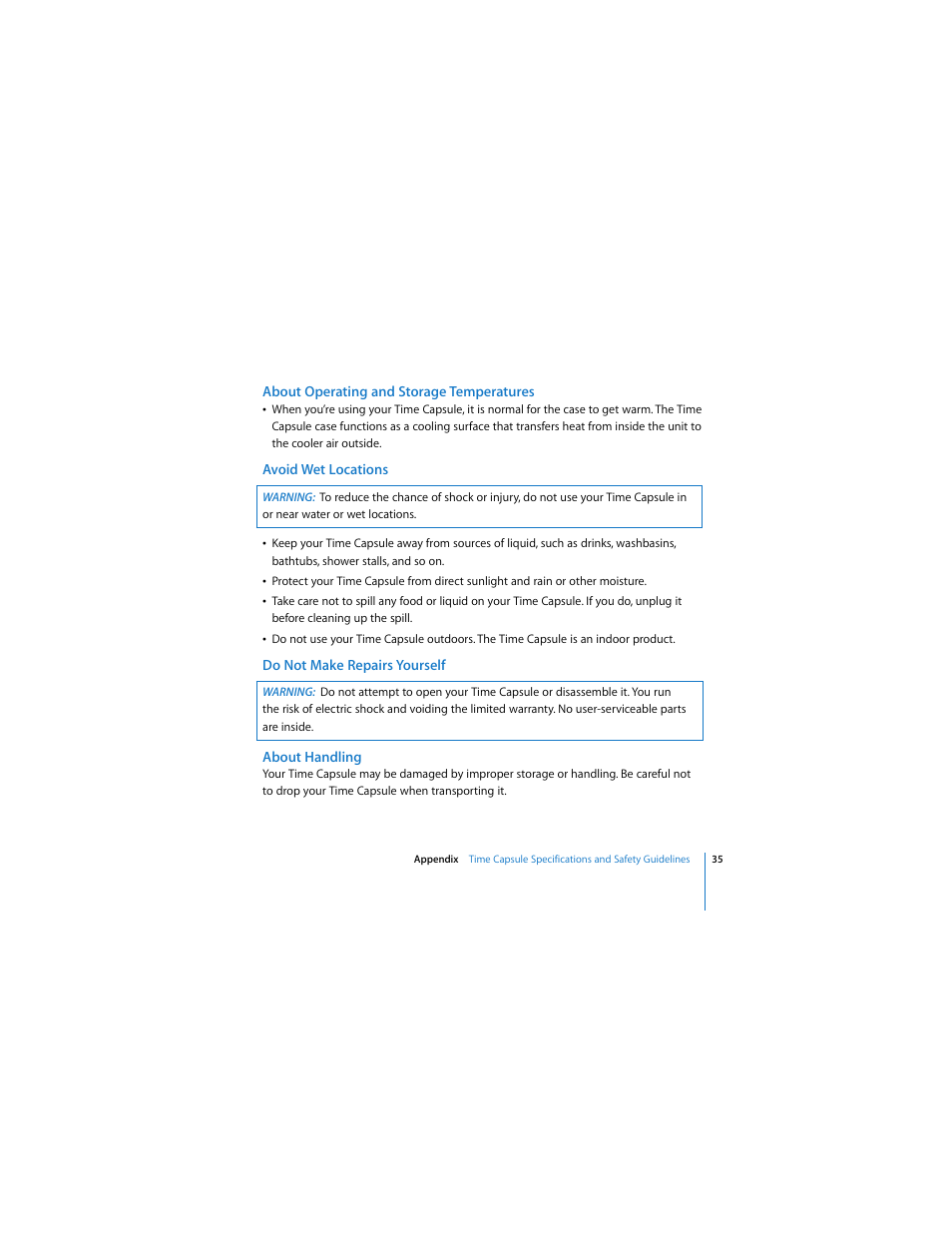 About operating and storage temperatures, Avoid wet locations, Do not make repairs yourself | About handling | Apple AirPort Time Capsule  802.11n (1st Generation) User Manual | Page 35 / 40