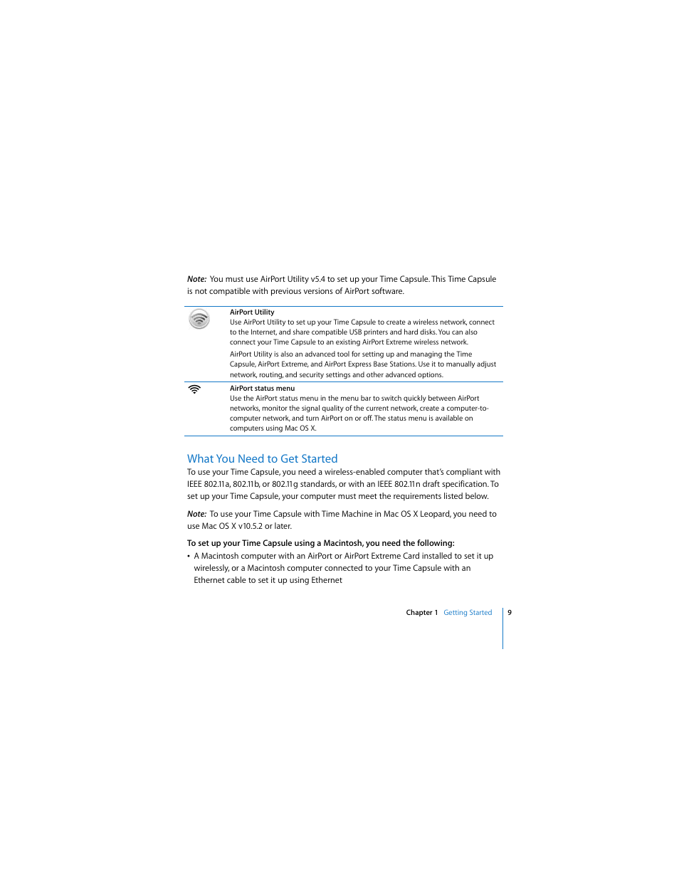 What you need to get started | Apple AirPort Time Capsule  802.11n (1st Generation) User Manual | Page 9 / 40