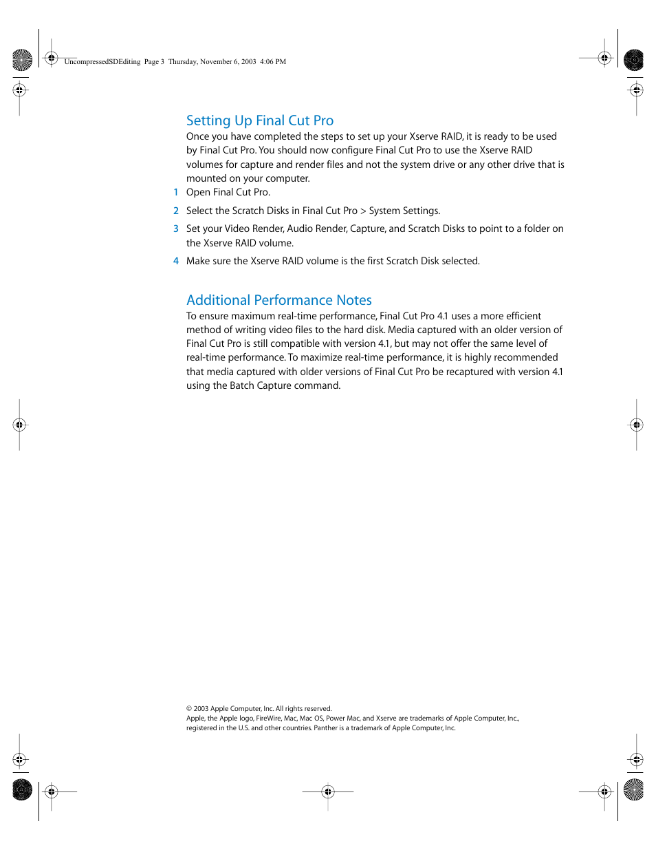 Setting up finalcutpro, Additional performance notes, Setting up final cut pro | Apple Final Cut Pro User Manual | Page 3 / 3