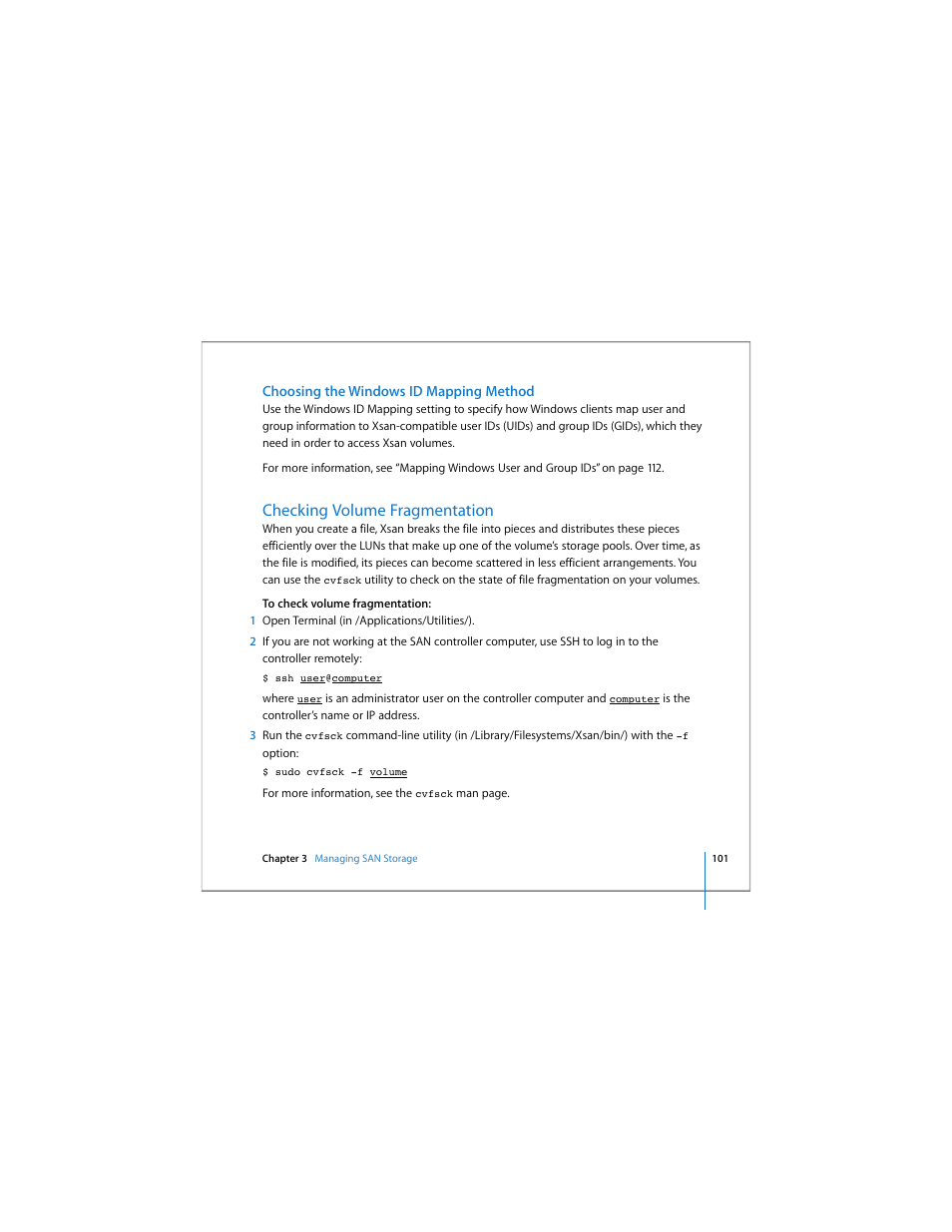 Choosing the windows id mapping method, Checking volume fragmentation, Choosing the | Apple Xsan 1.4 User Manual | Page 101 / 192