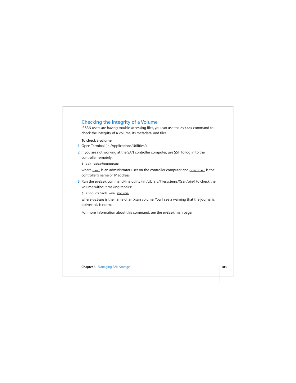 Checking the integrity of a volume | Apple Xsan 1.4 User Manual | Page 103 / 192