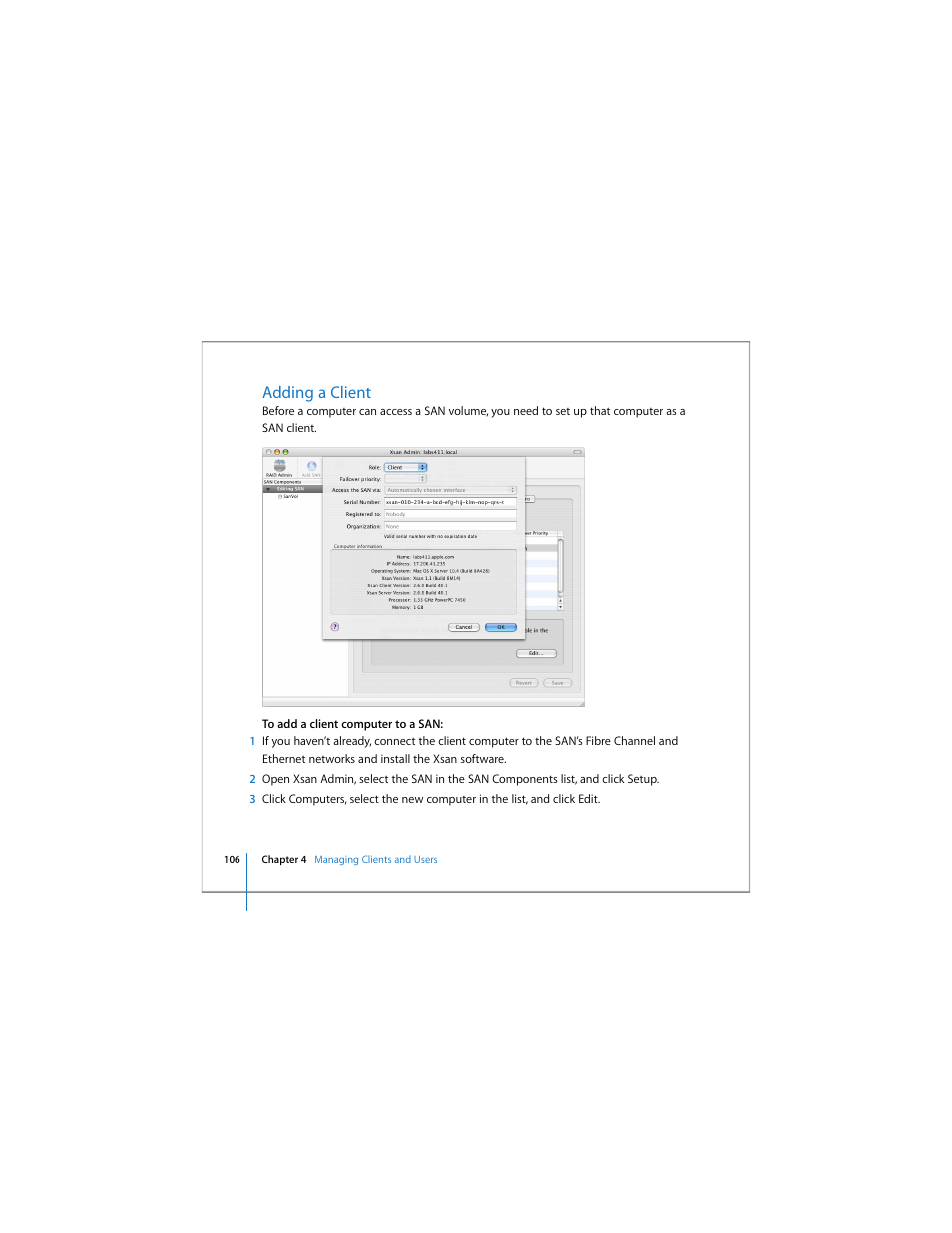 Adding a client | Apple Xsan 1.4 User Manual | Page 106 / 192