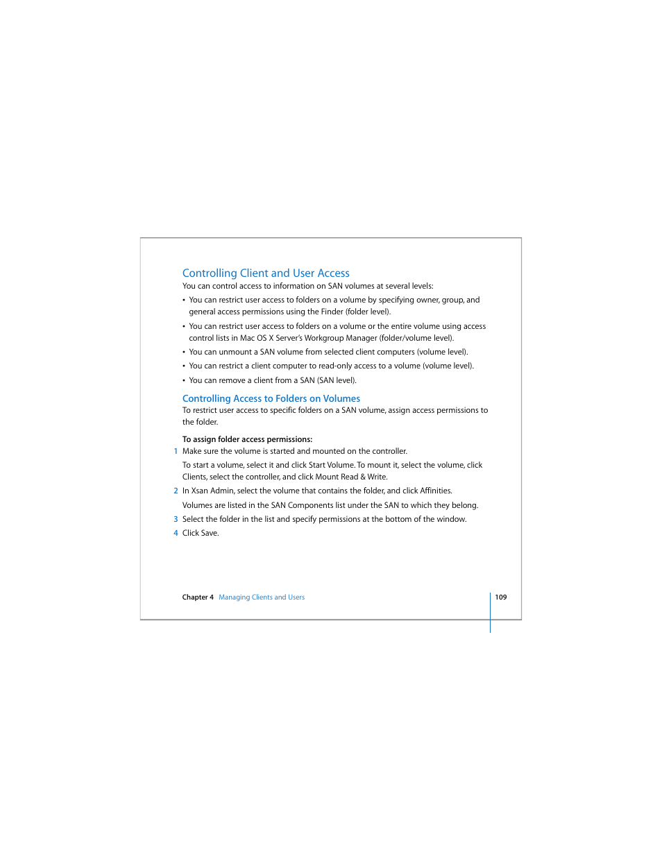 Controlling client and user access, Controlling access to folders on volumes | Apple Xsan 1.4 User Manual | Page 109 / 192