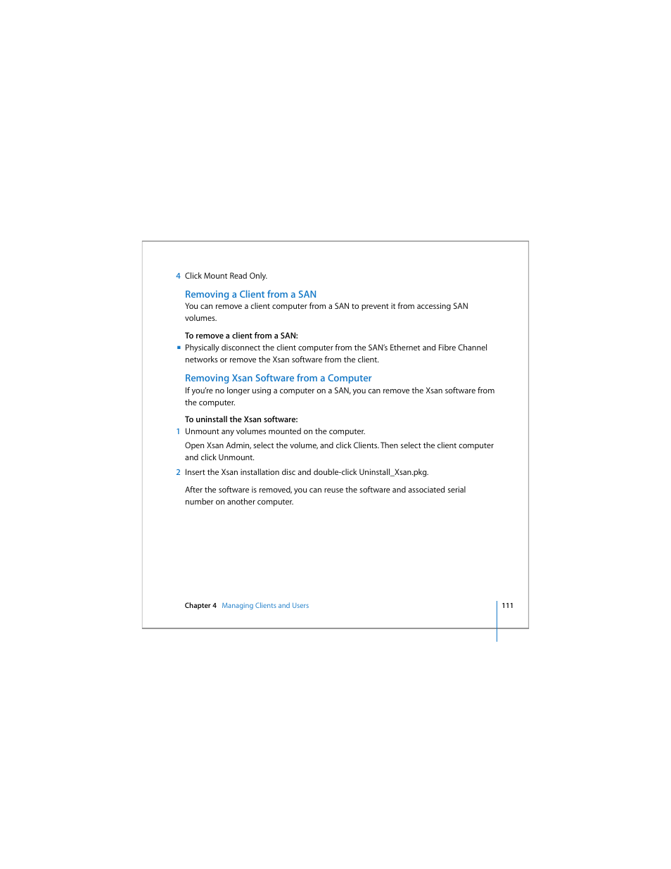 Removing a client from a san, Removing xsan software from a computer, Remo | Apple Xsan 1.4 User Manual | Page 111 / 192