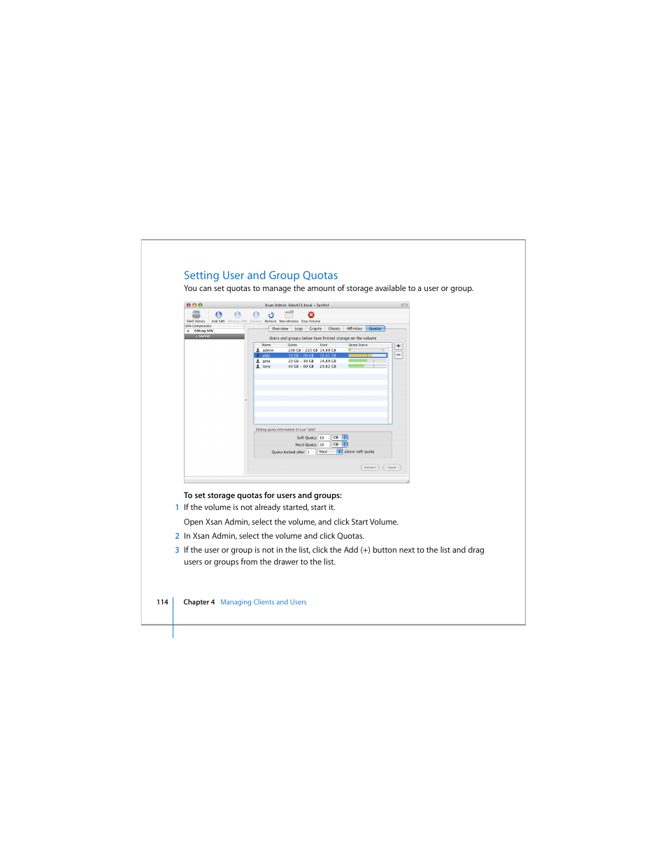 Setting user and group quotas | Apple Xsan 1.4 User Manual | Page 114 / 192