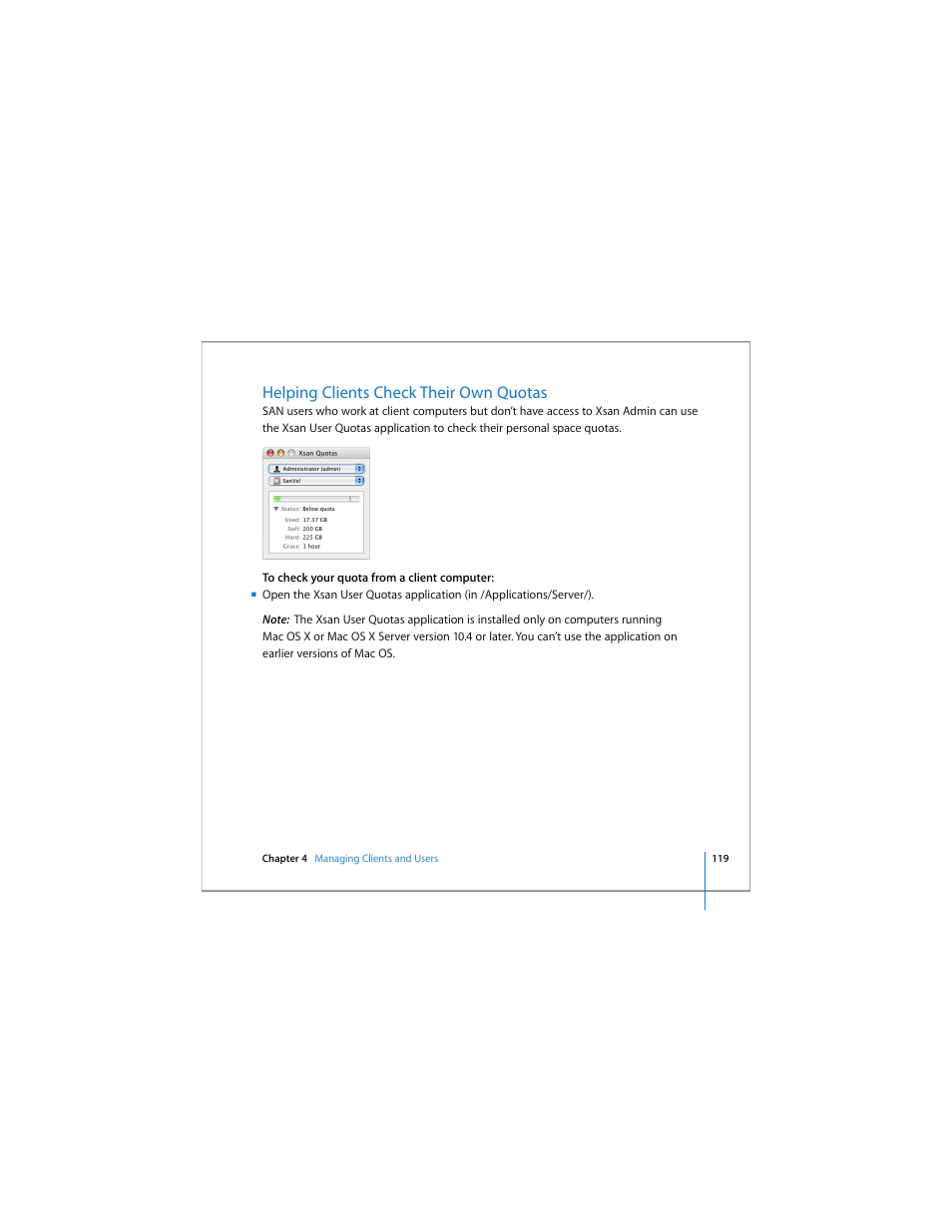 Helping clients check their own quotas | Apple Xsan 1.4 User Manual | Page 119 / 192