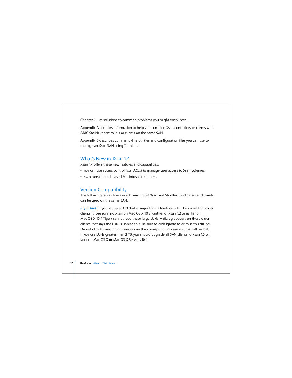 What’s new in xsan 1.4, Version compatibility | Apple Xsan 1.4 User Manual | Page 12 / 192