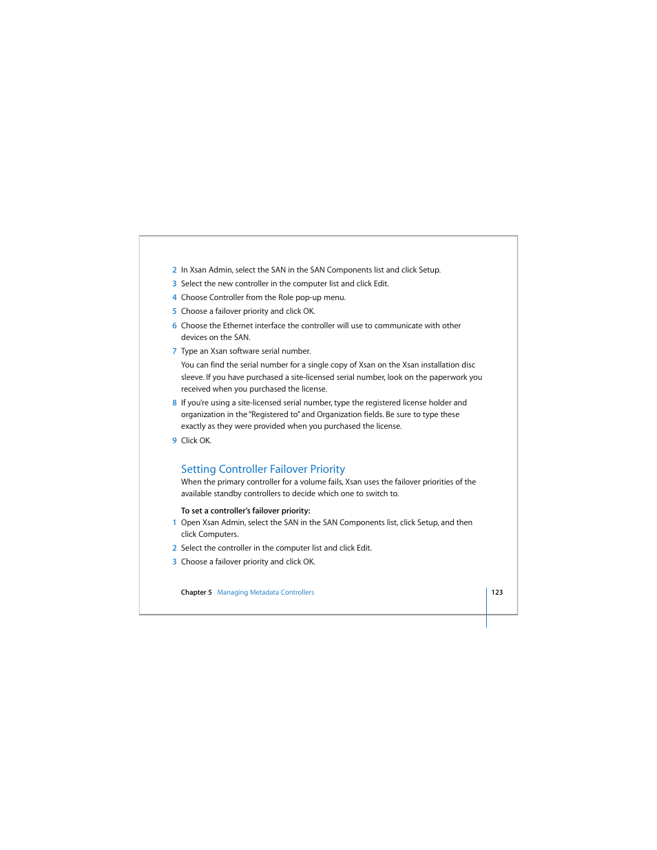 Setting controller failover priority | Apple Xsan 1.4 User Manual | Page 123 / 192