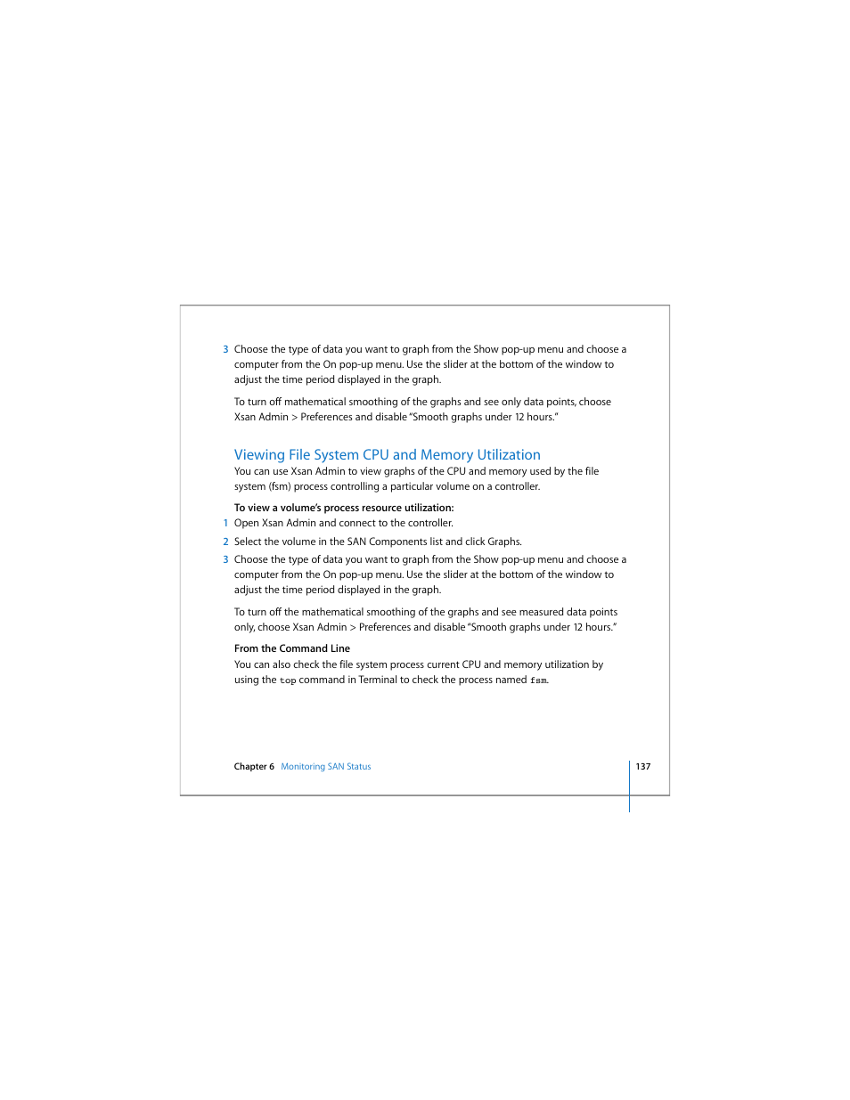 Viewing file system cpu and memory utilization | Apple Xsan 1.4 User Manual | Page 137 / 192