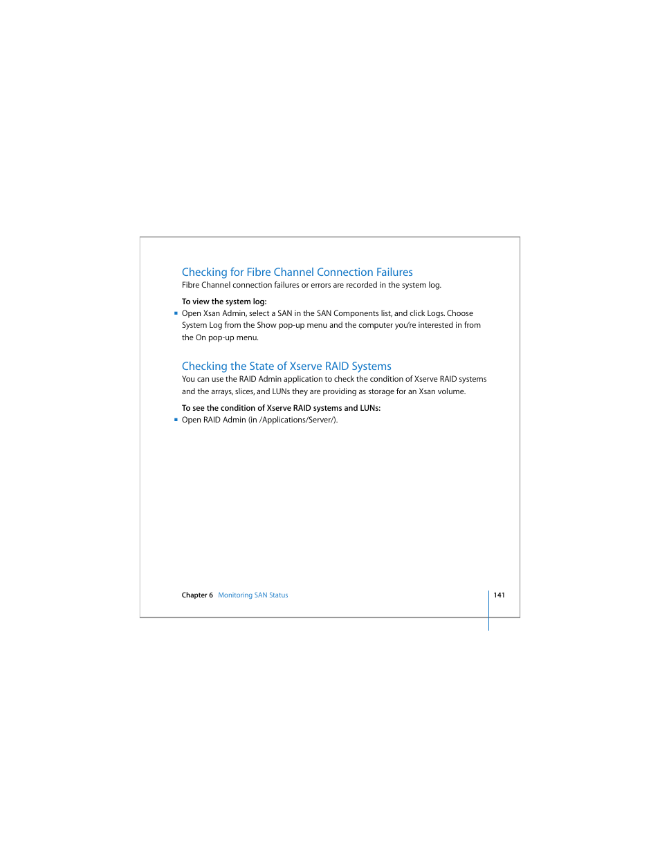 Checking for fibre channel connection failures, Checking the state of xserve raid systems | Apple Xsan 1.4 User Manual | Page 141 / 192
