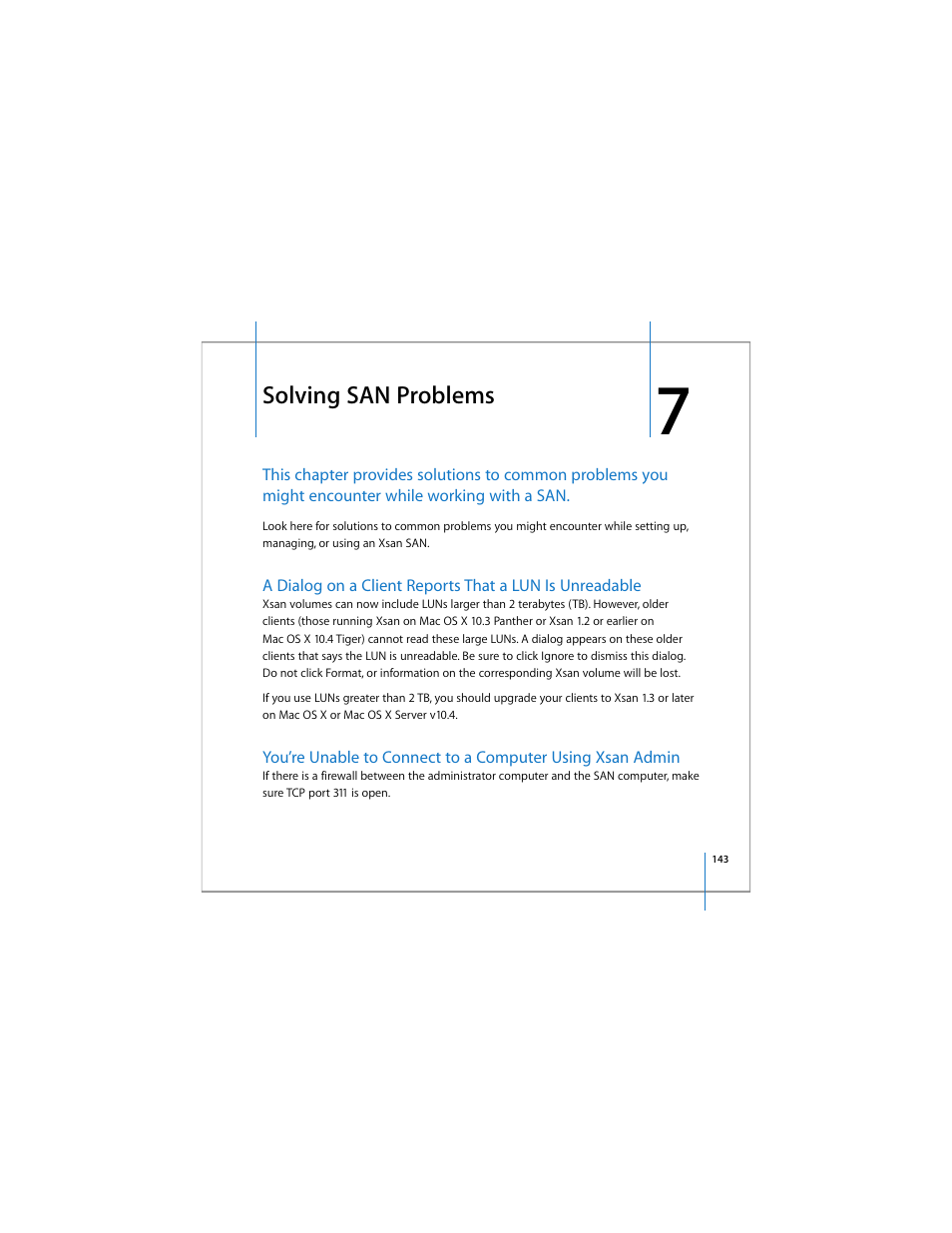 Solving san problems, See chapter 7 | Apple Xsan 1.4 User Manual | Page 143 / 192