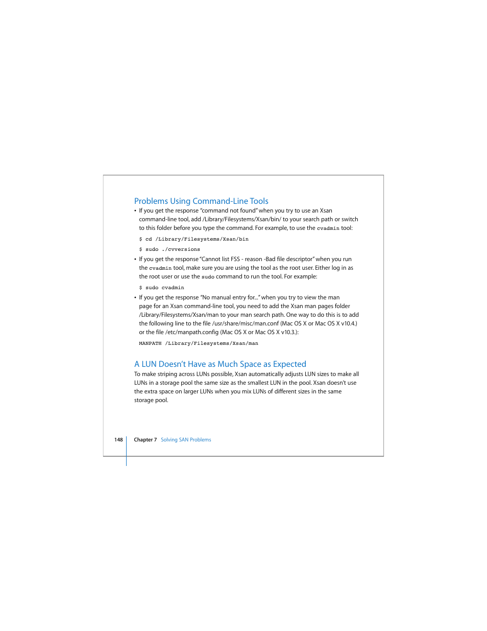 Problems using command-line tools, A lun doesn’t have as much space as expected | Apple Xsan 1.4 User Manual | Page 148 / 192