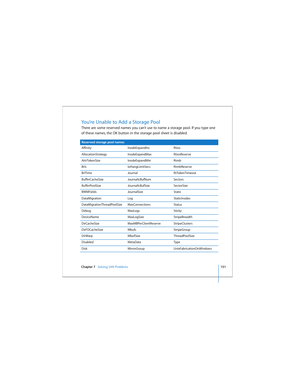 You’re unable to add a storage pool | Apple Xsan 1.4 User Manual | Page 151 / 192