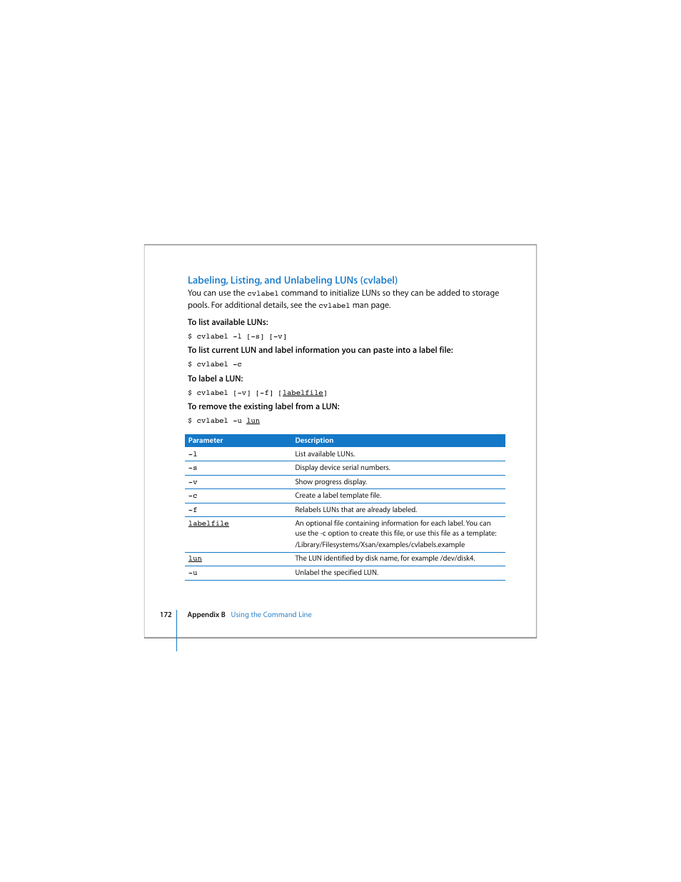 Labeling, listing, and unlabeling luns (cvlabel), Labeling | Apple Xsan 1.4 User Manual | Page 172 / 192