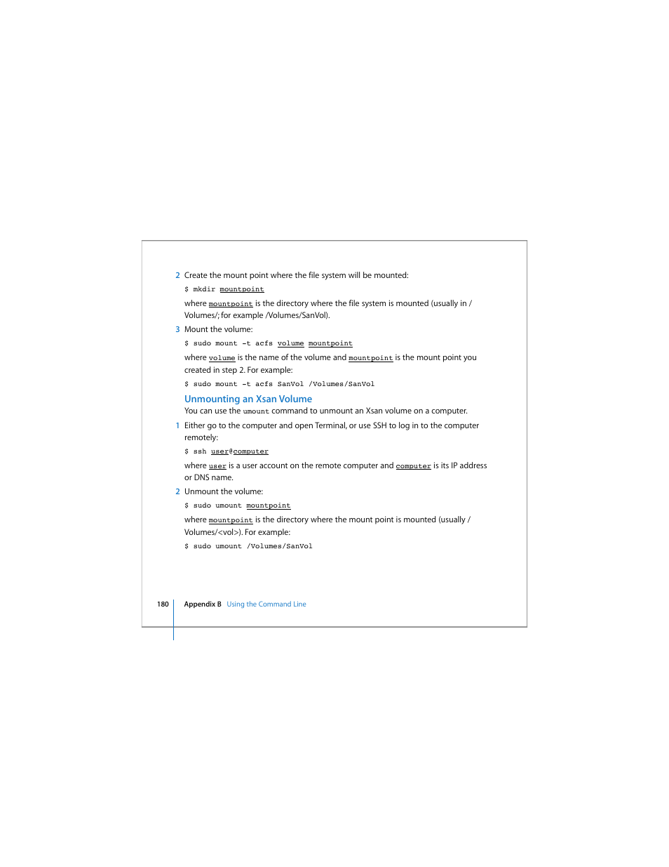 Unmounting an xsan volume, Unmoun | Apple Xsan 1.4 User Manual | Page 180 / 192