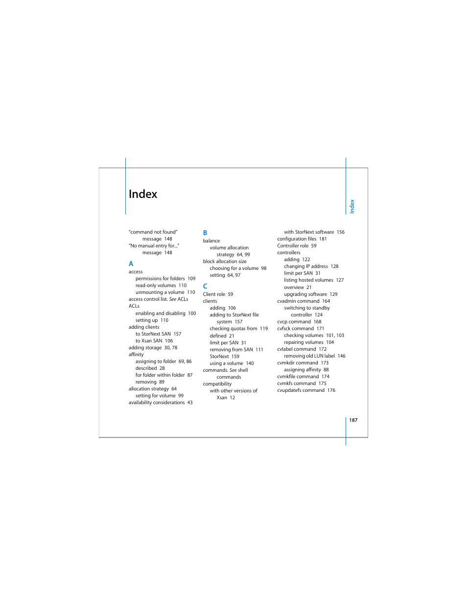 Index | Apple Xsan 1.4 User Manual | Page 187 / 192