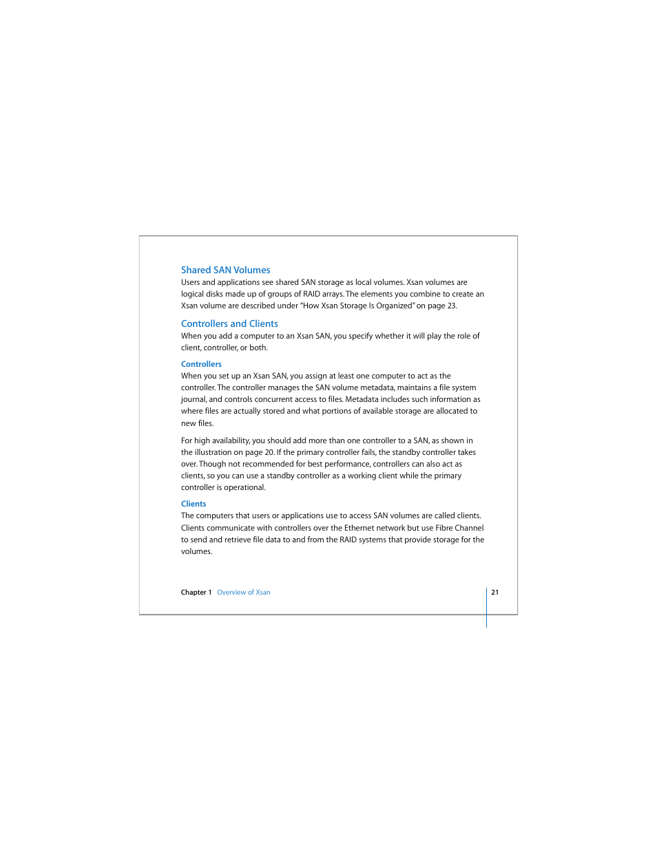Shared san volumes, Controllers and clients, Shar | Apple Xsan 1.4 User Manual | Page 21 / 192