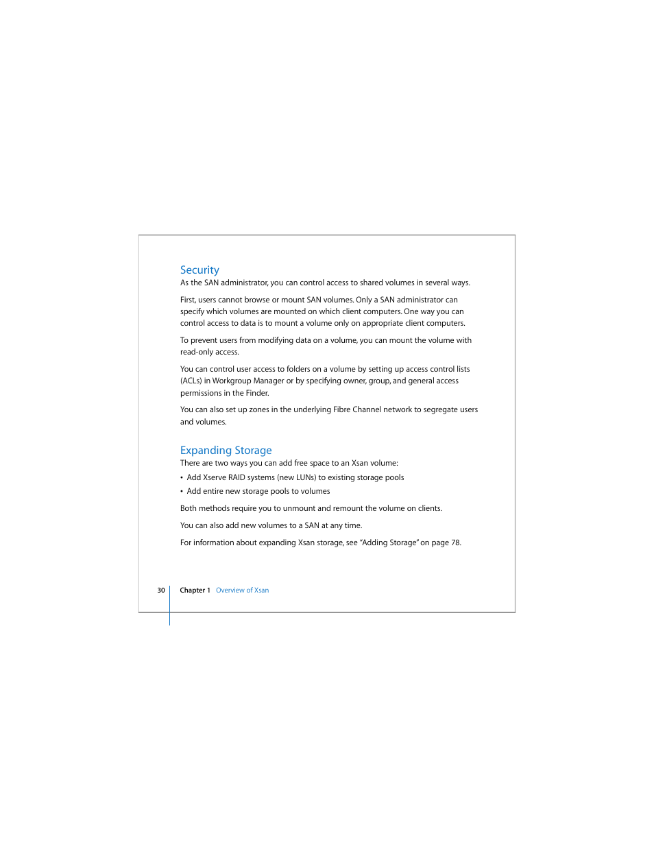 Security, Expanding storage | Apple Xsan 1.4 User Manual | Page 30 / 192
