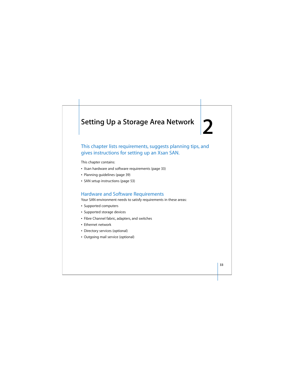 Setting up a storage area network, Hardware and software requirements | Apple Xsan 1.4 User Manual | Page 33 / 192