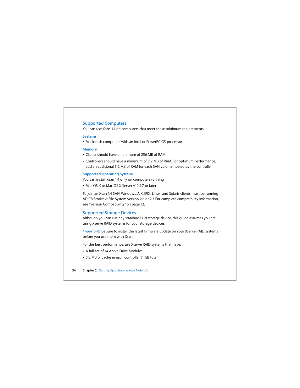 Supported computers, Supported storage devices, Suppor | Apple Xsan 1.4 User Manual | Page 34 / 192