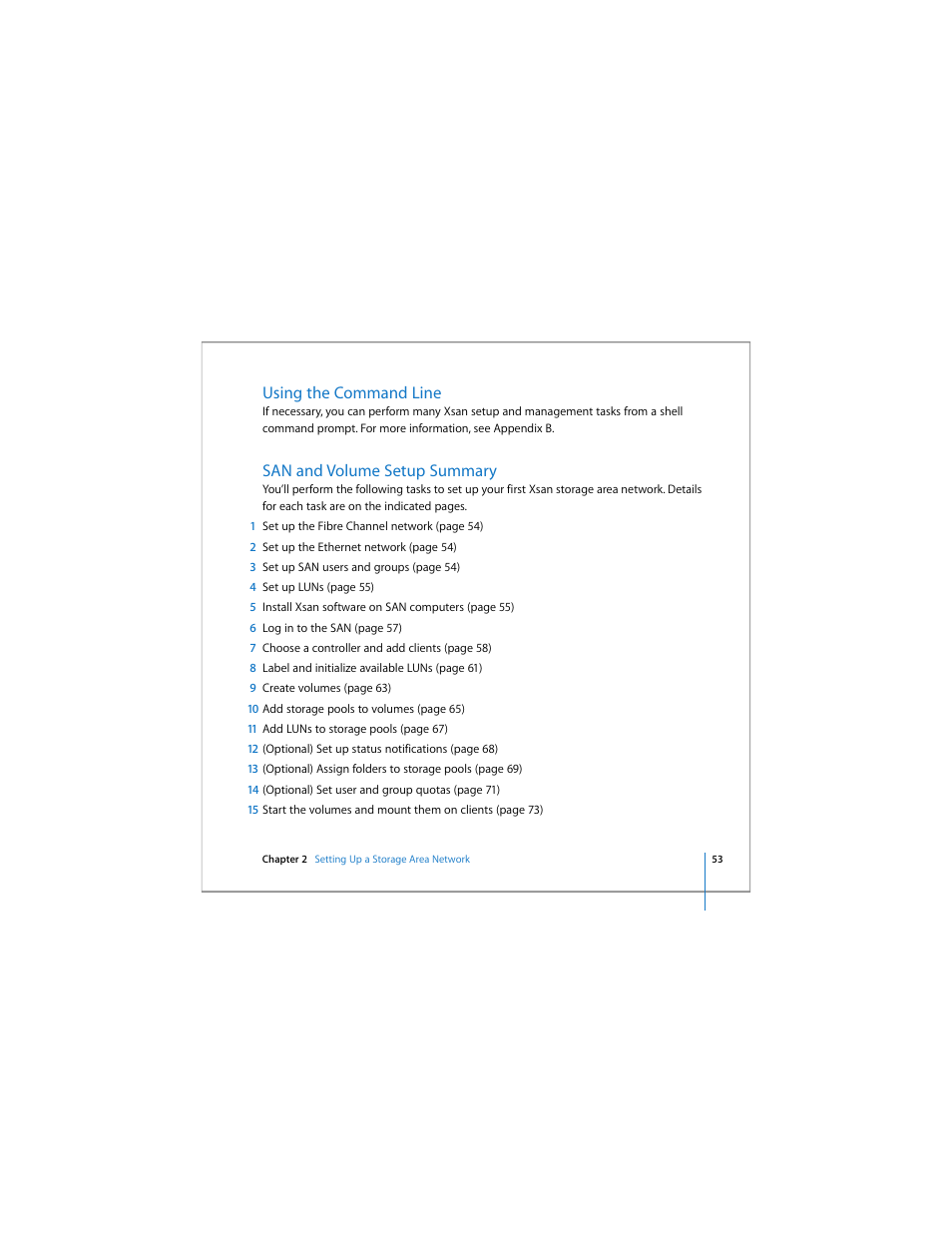 Using the command line, San and volume setup summary | Apple Xsan 1.4 User Manual | Page 53 / 192