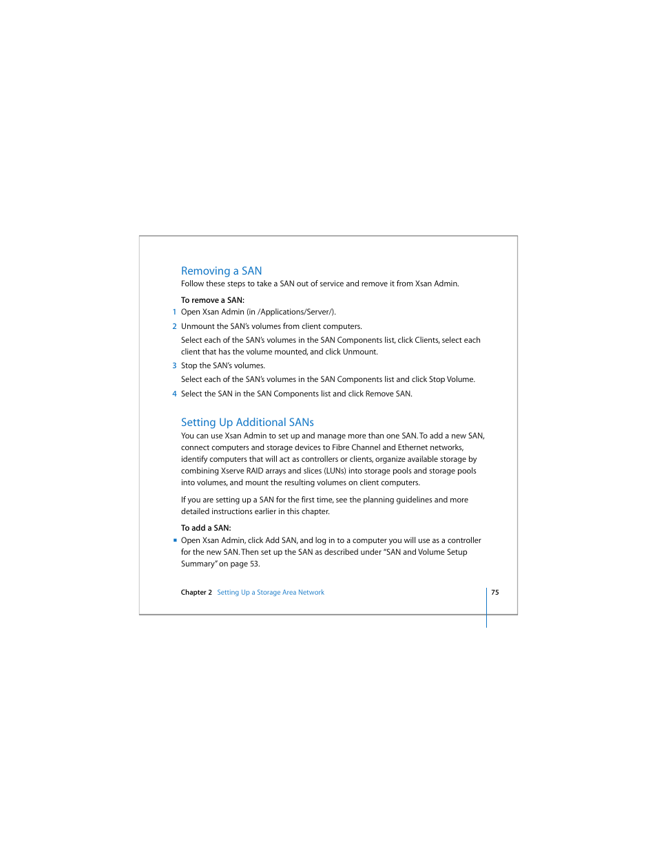 Removing a san, Setting up additional sans | Apple Xsan 1.4 User Manual | Page 75 / 192