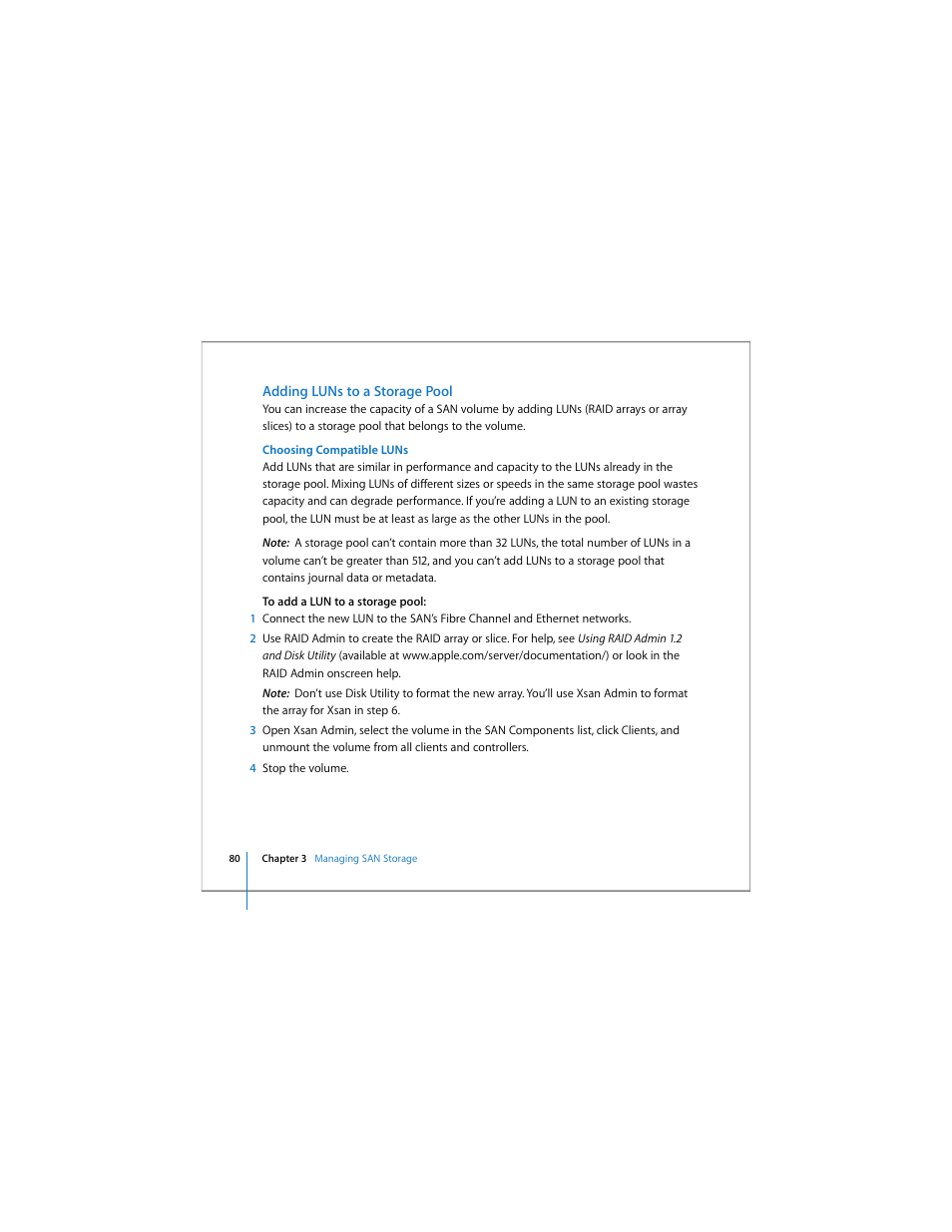 Adding luns to a storage pool | Apple Xsan 1.4 User Manual | Page 80 / 192