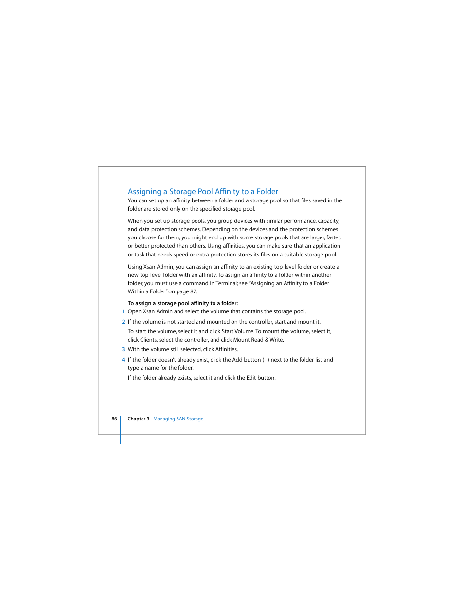 Assigning a storage pool affinity to a folder | Apple Xsan 1.4 User Manual | Page 86 / 192
