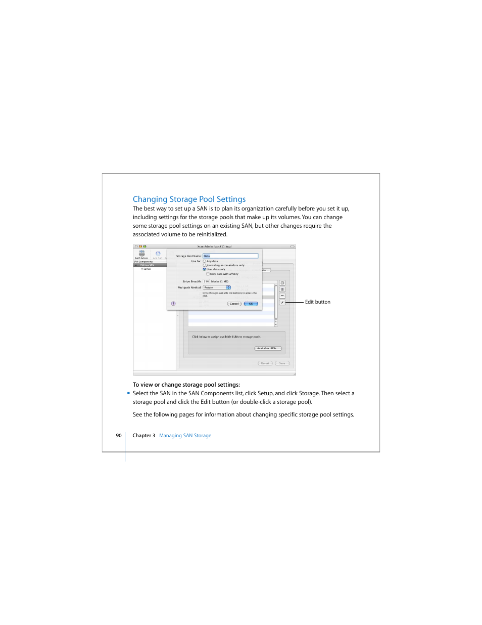 Changing storage pool settings | Apple Xsan 1.4 User Manual | Page 90 / 192