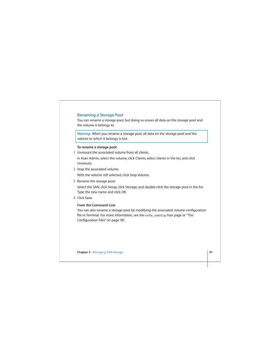 Renaming a storage pool, Renaming a st | Apple Xsan 1.4 User Manual | Page 91 / 192