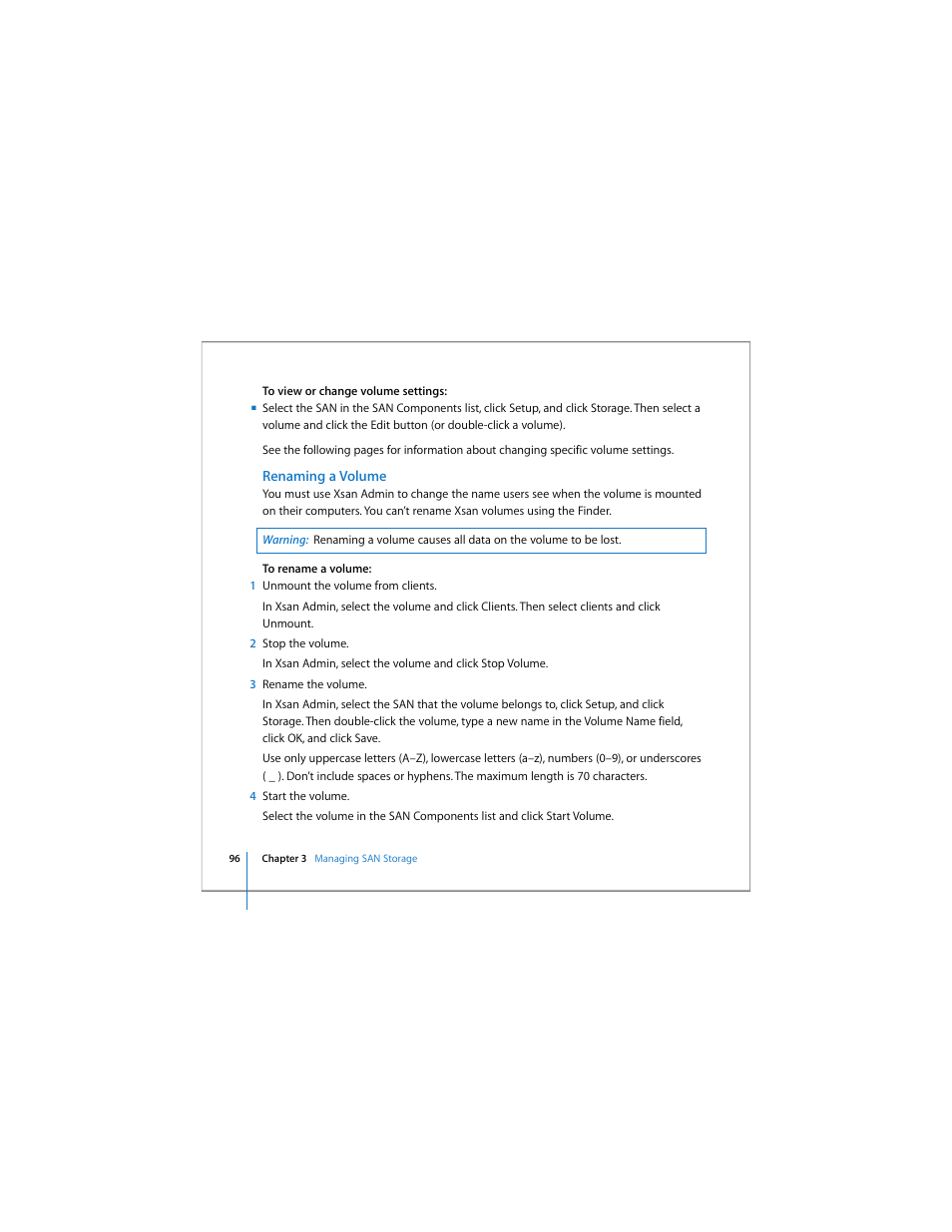 Renaming a volume, Renaming a | Apple Xsan 1.4 User Manual | Page 96 / 192