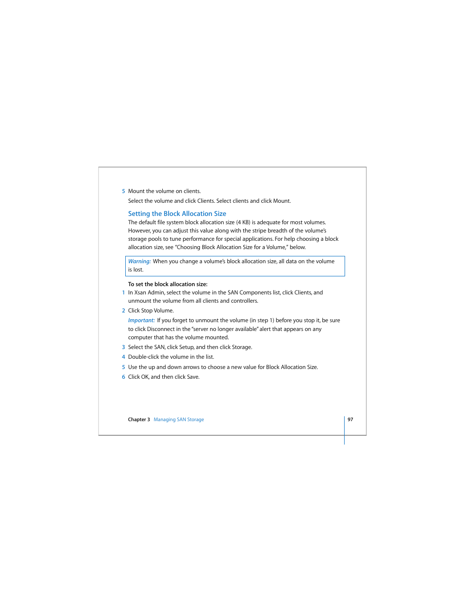 Setting the block allocation size | Apple Xsan 1.4 User Manual | Page 97 / 192