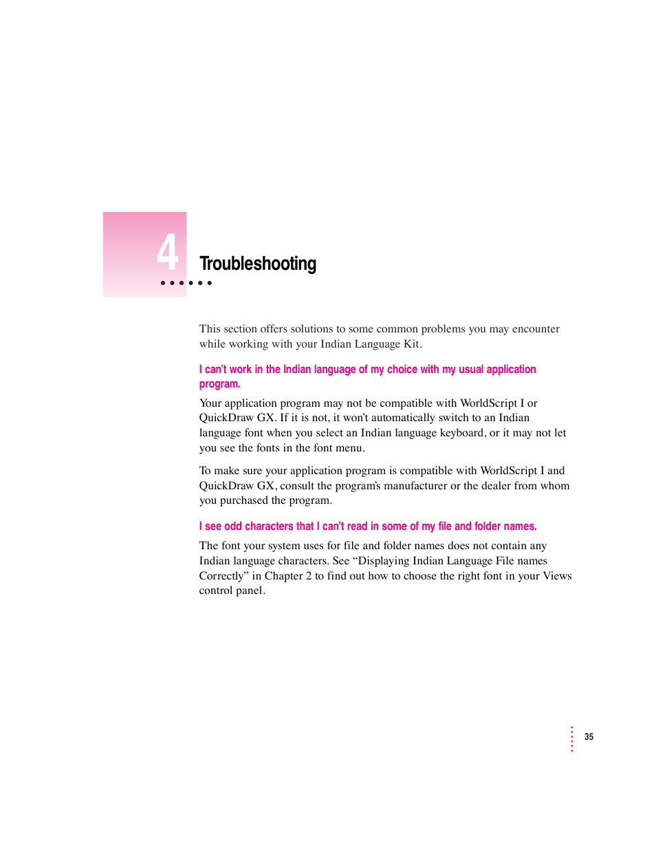 Troubleshooting | Apple Indian Language Kit User Manual | Page 35 / 47