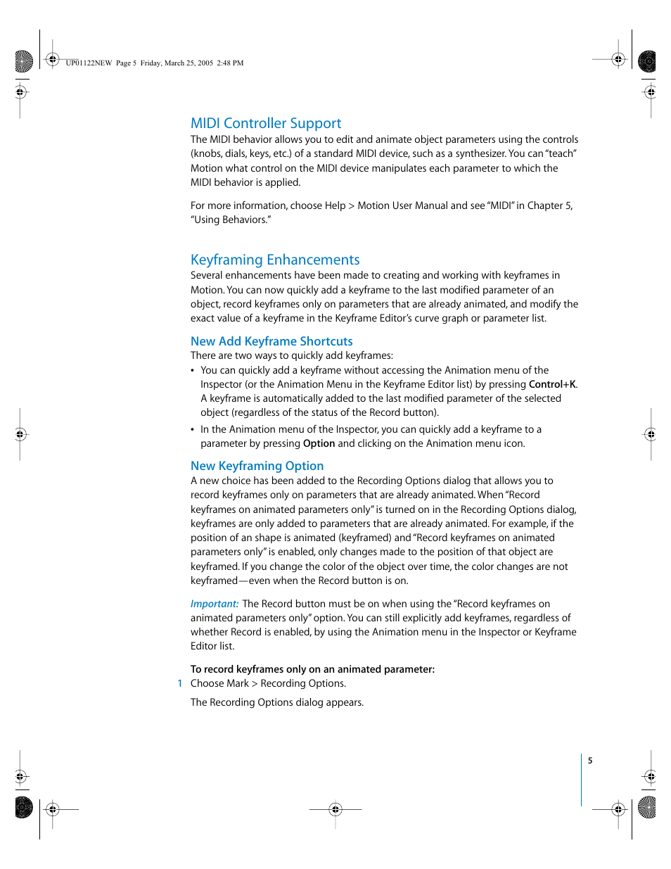 Midi controller support, Keyframing enhancements, New add keyframe shortcuts | New keyframing option | Apple New Features in Motion 2 User Manual | Page 5 / 9