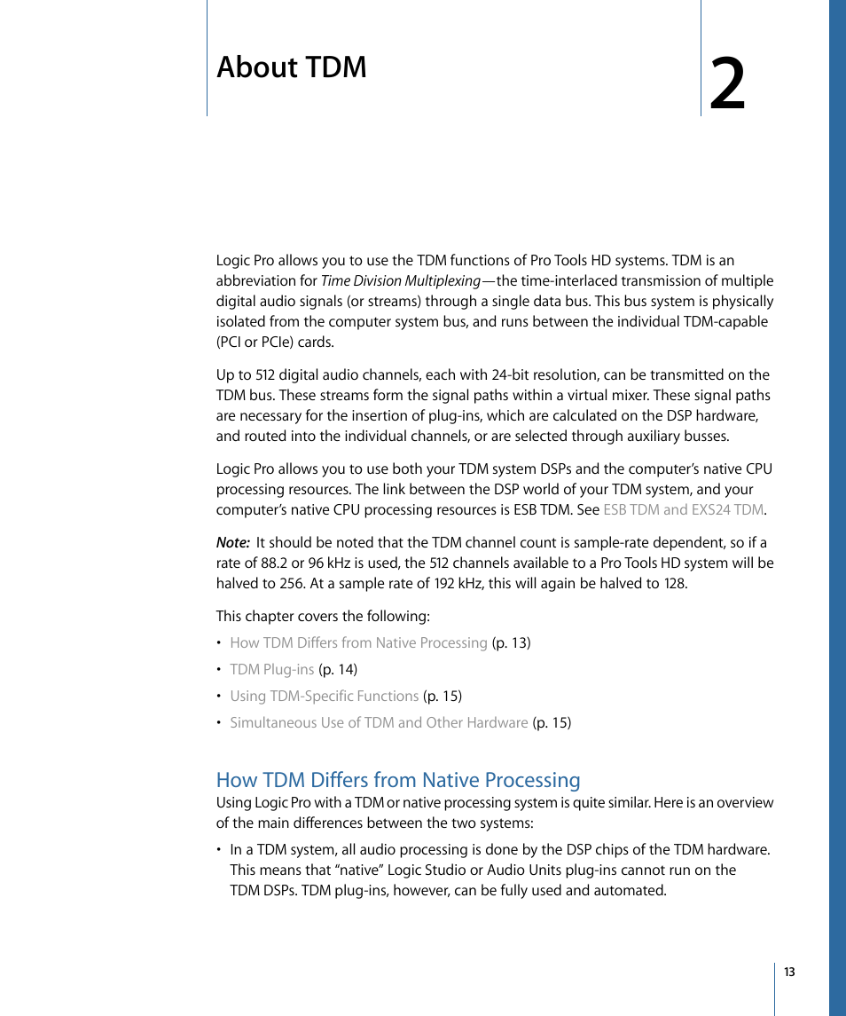 About tdm, How tdm differs from native processing | Apple Logic Pro 9 (TDM Guide) User Manual | Page 13 / 26