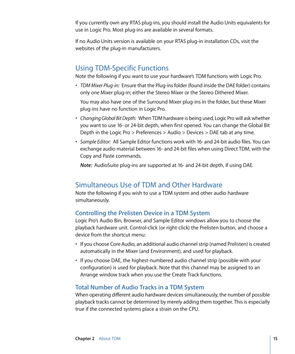 Using tdm-specific functions, Simultaneous use of tdm and other hardware, Controlling the prelisten device in a tdm system | Total number of audio tracks in a tdm system | Apple Logic Pro 9 (TDM Guide) User Manual | Page 15 / 26