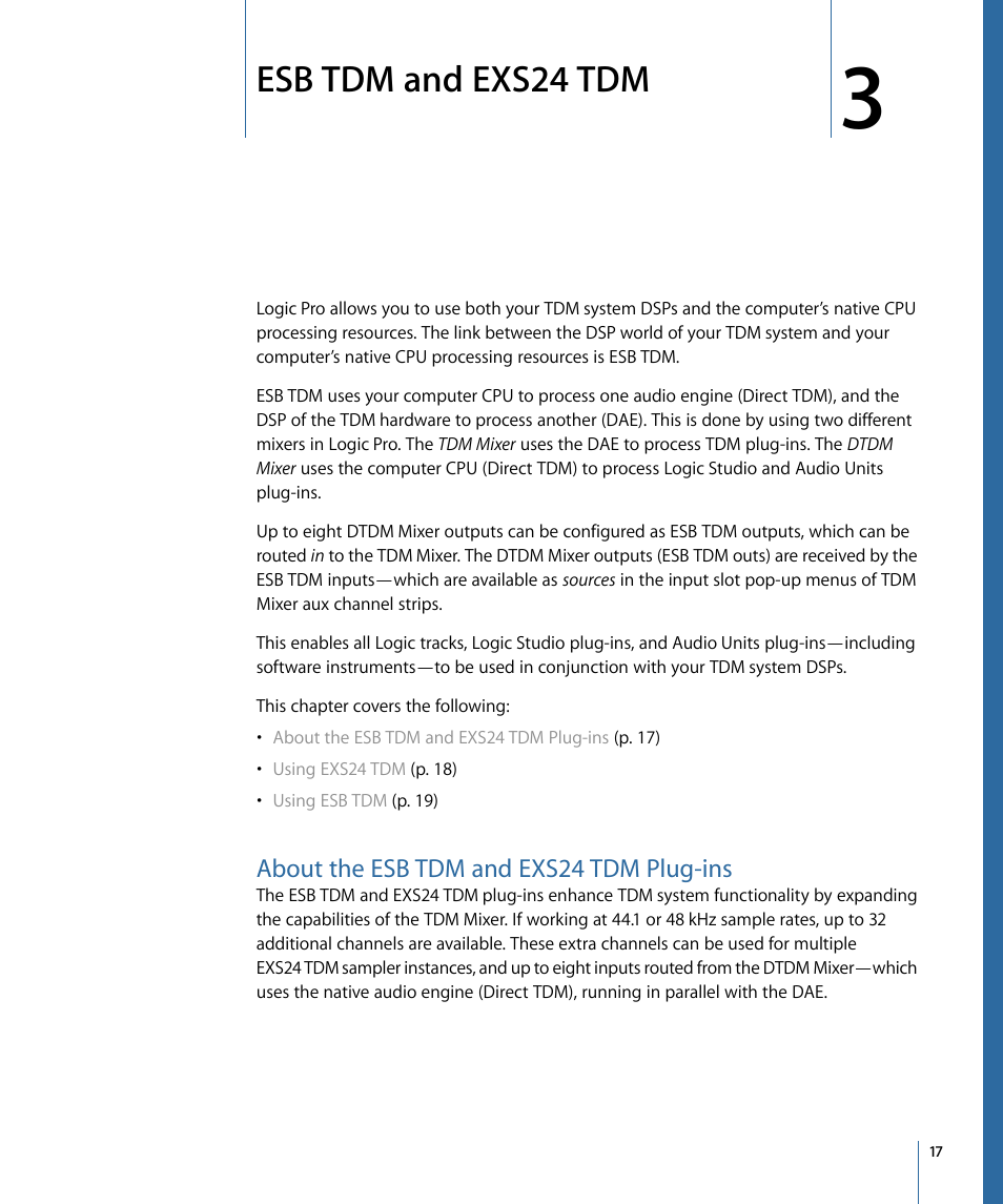 Esb tdm and exs24 tdm, About the esb tdm and exs24 tdm plug-ins | Apple Logic Pro 9 (TDM Guide) User Manual | Page 17 / 26