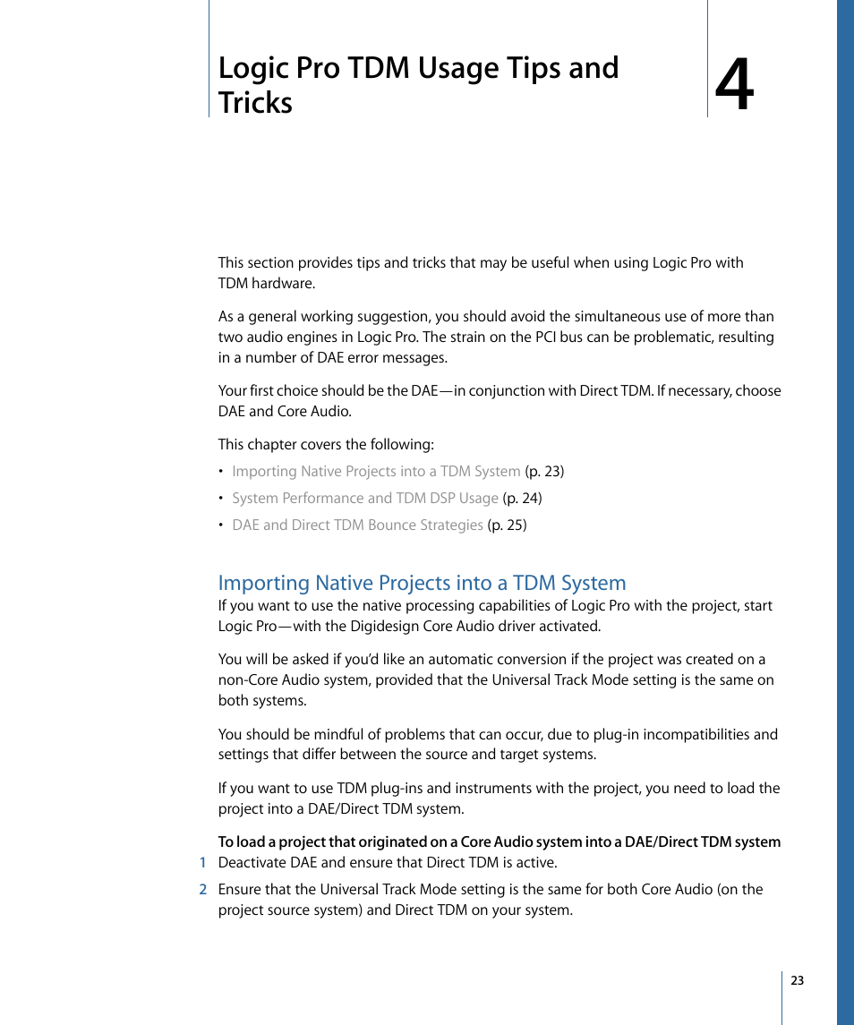 Logic pro tdm usage tips and tricks, Importing native projects into a tdm system | Apple Logic Pro 9 (TDM Guide) User Manual | Page 23 / 26