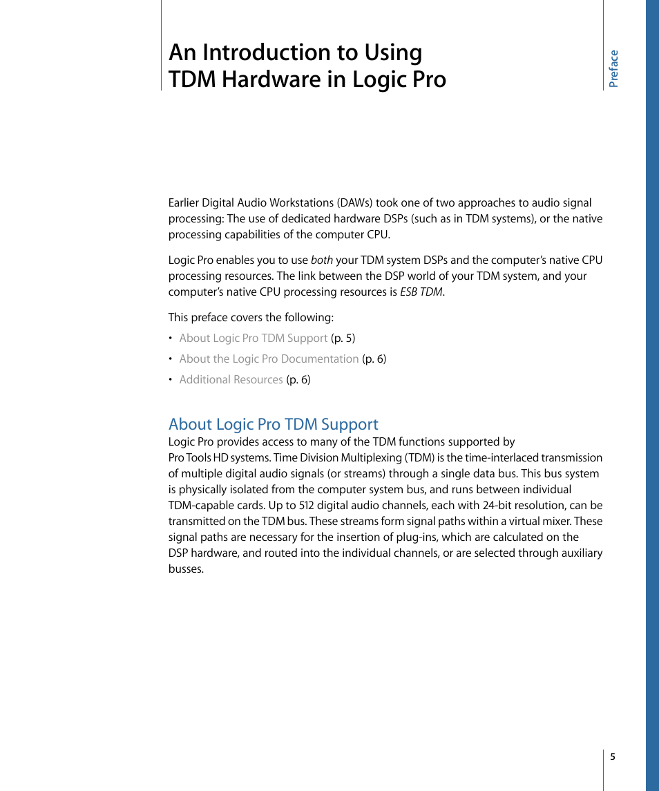 An introduction to using tdm hardware in logic pro, About logic pro tdm support | Apple Logic Pro 9 (TDM Guide) User Manual | Page 5 / 26