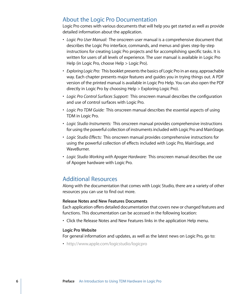 About the logic pro documentation, Additional resources | Apple Logic Pro 9 (TDM Guide) User Manual | Page 6 / 26