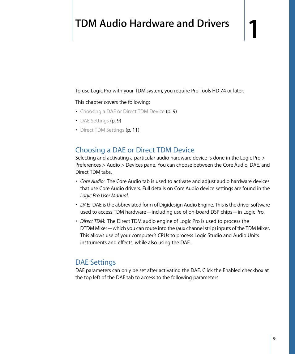 Tdm audio hardware and drivers, Choosing a dae or direct tdm device, Dae settings | Apple Logic Pro 9 (TDM Guide) User Manual | Page 9 / 26