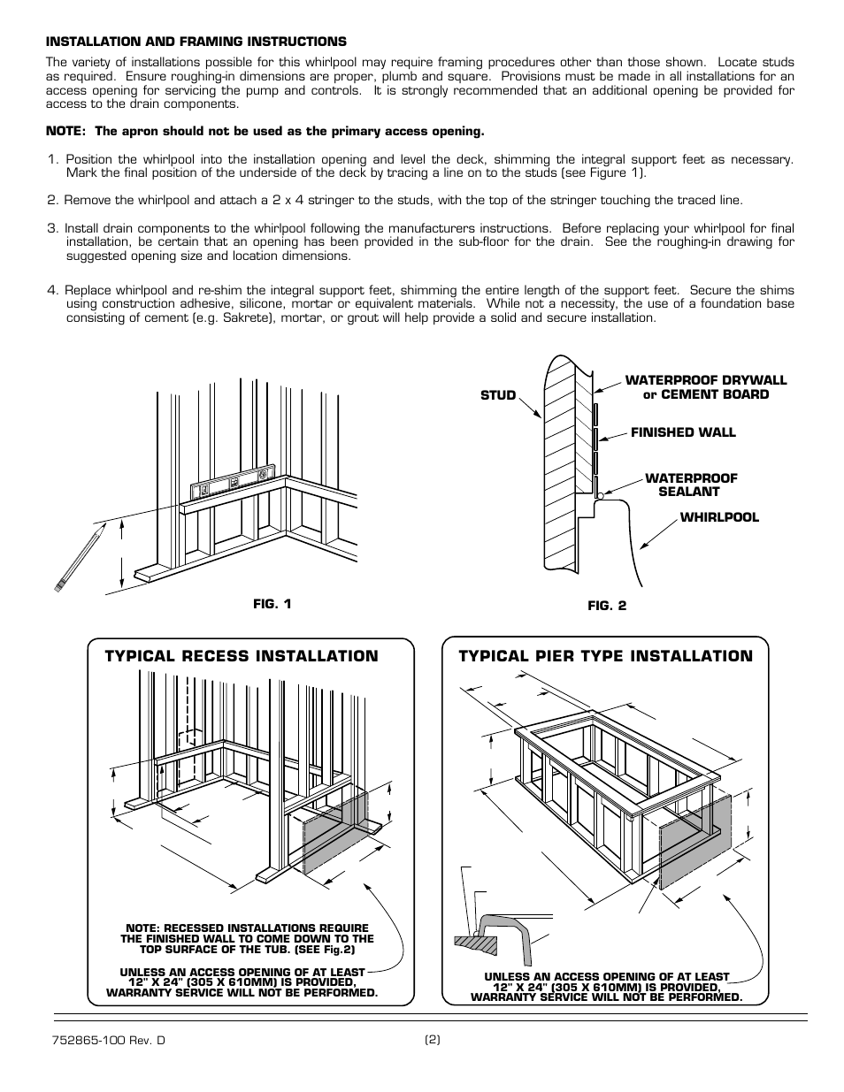Typical recess installation, Typical pier type installation | American Standard Williamsburg Elite 2805E SERIES User Manual | Page 2 / 4