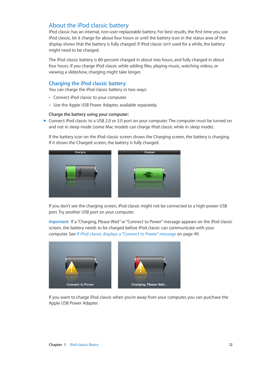 About the ipod classic battery, 12 about the ipod classic battery, Charging the ipod classic battery | Apple iPod classic 160 GB User Manual | Page 12 / 58