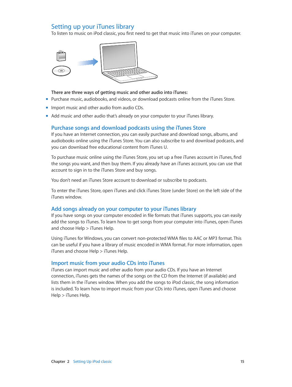 Setting up your itunes library, 15 setting up your itunes library, Import music from your audio cds into itunes | Apple iPod classic 160 GB User Manual | Page 15 / 58
